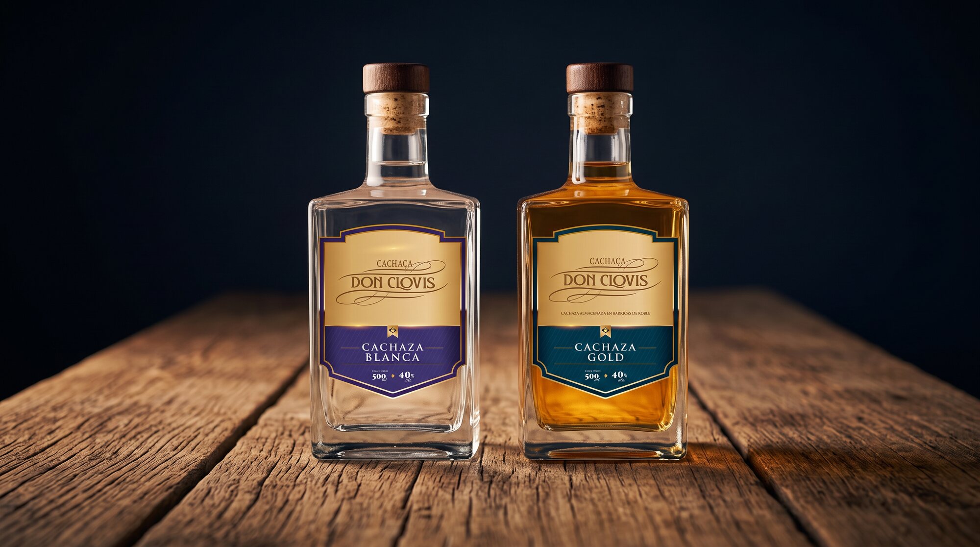 Las botellas de Cachaza Blanca y Cachaza Gold, una al lado de la otra sobre una mesa de madera