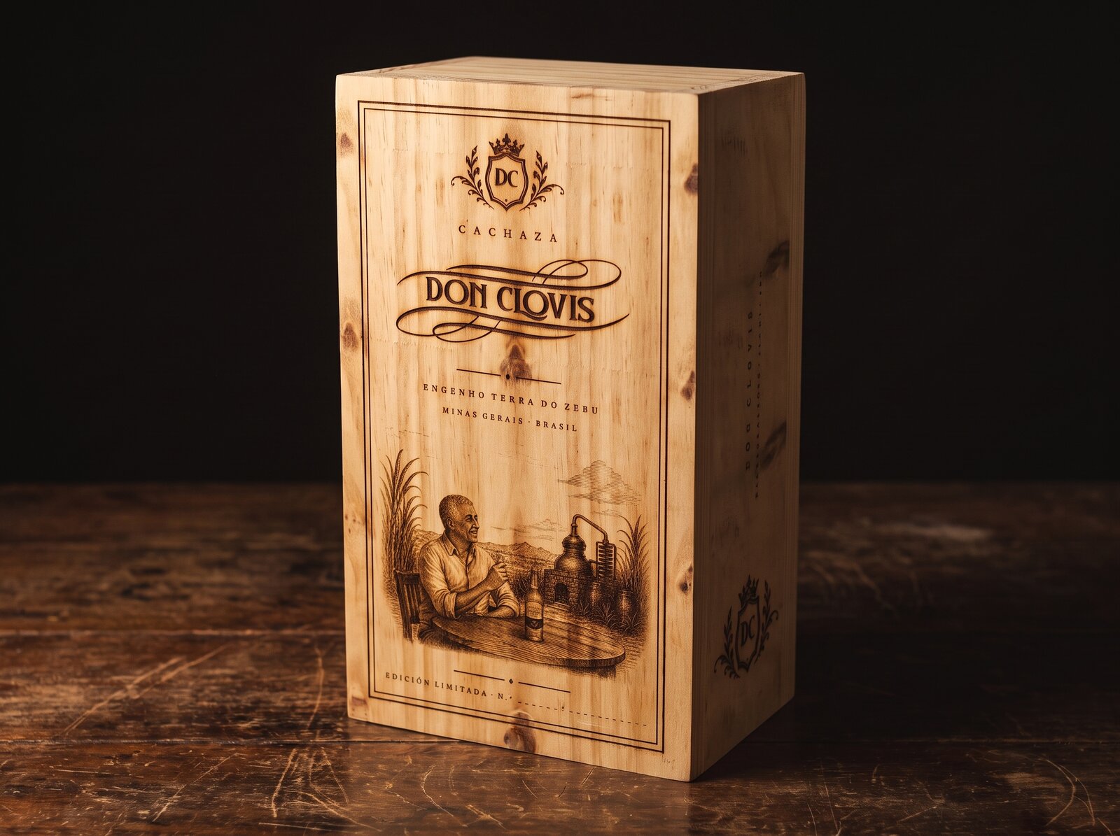 Caja de madera de pino Don Clovis cerrada, con el frente grabado a láser