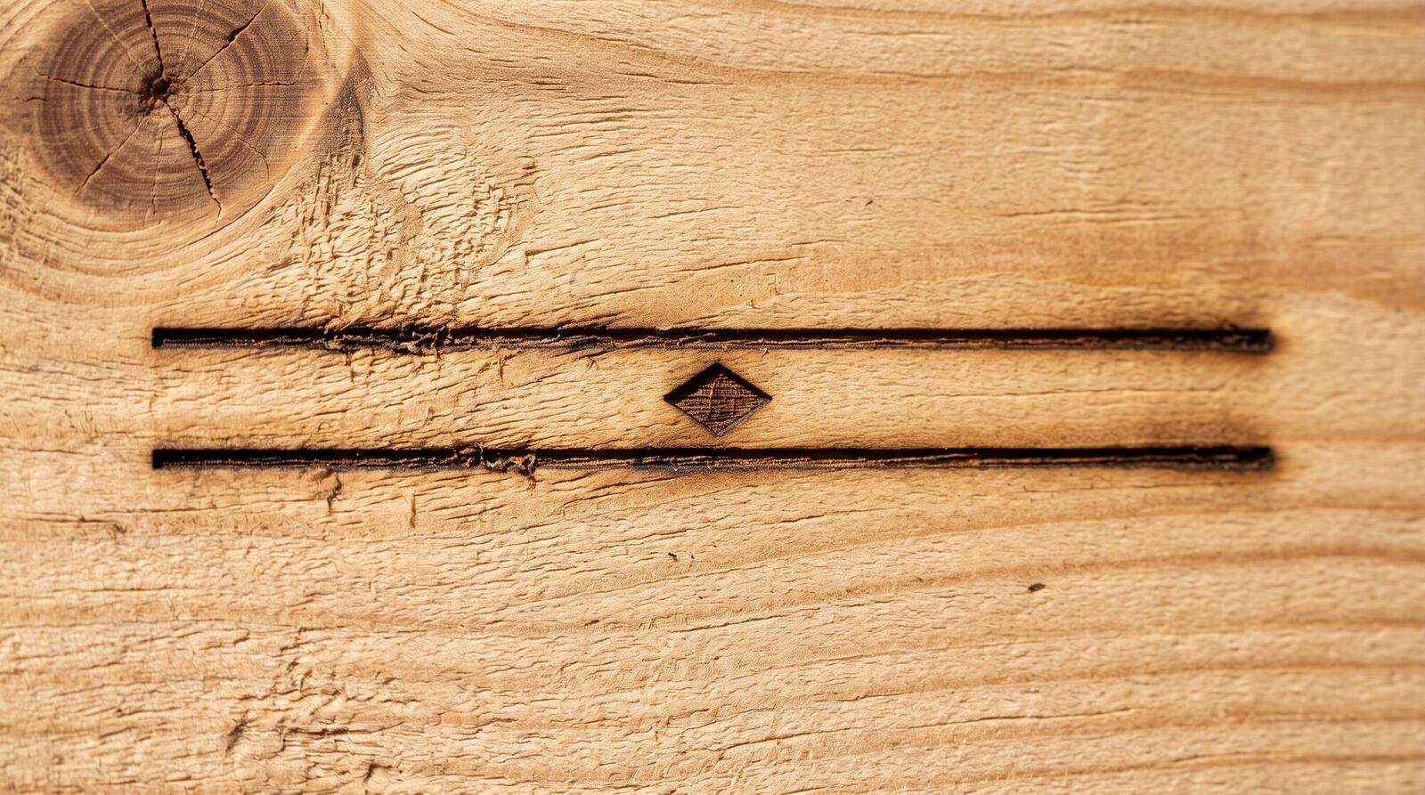 Detalle macro del filete con rombo grabado a láser sobre la madera de pino