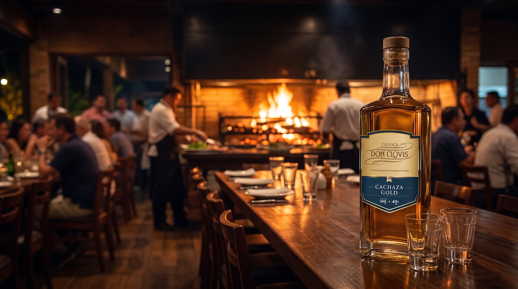 Una botella de Don Clovis Gold en la mesa, con el fuego de la parrilla al fondo
