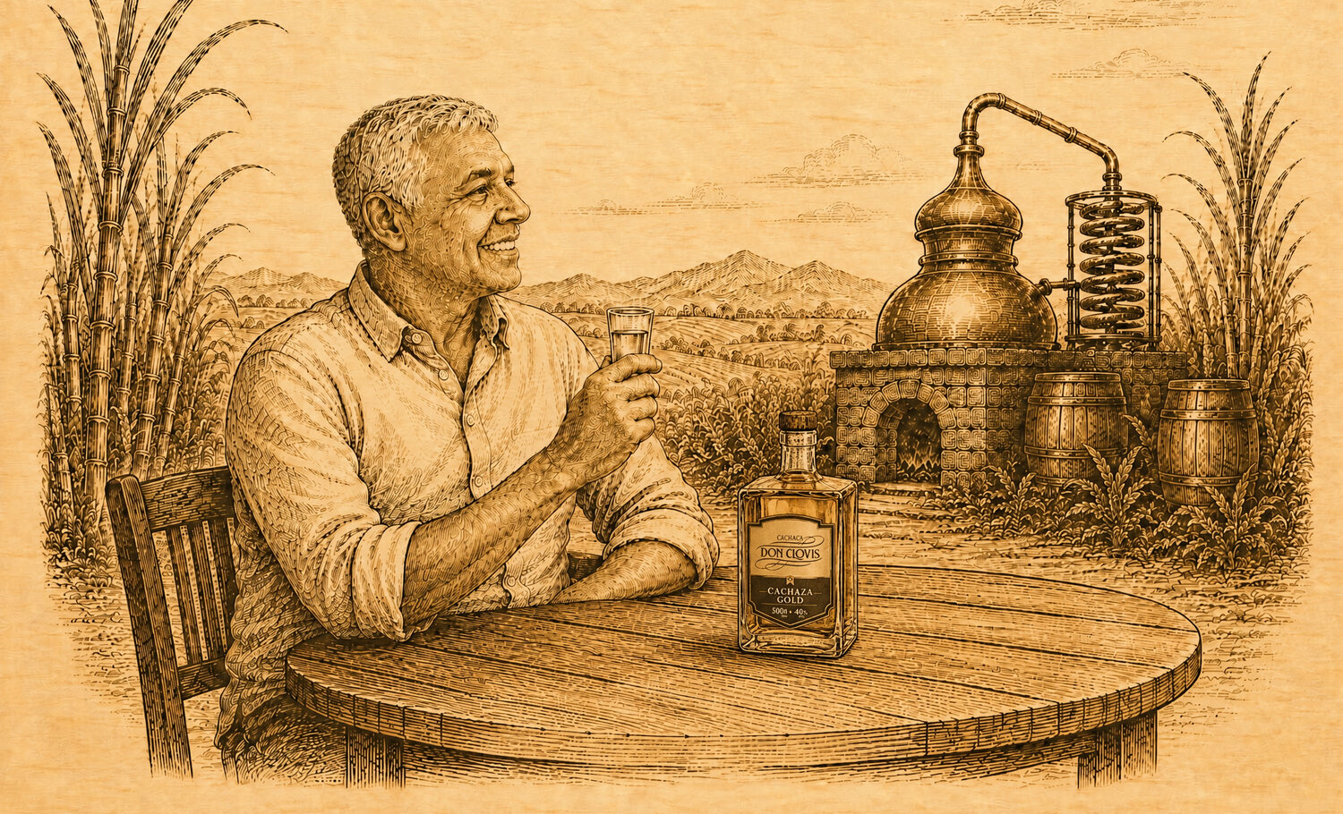 Don Clovis sentado a la mesa, con la copita en la mano, la botella, el alambique de cobre y los cañaverales detrás