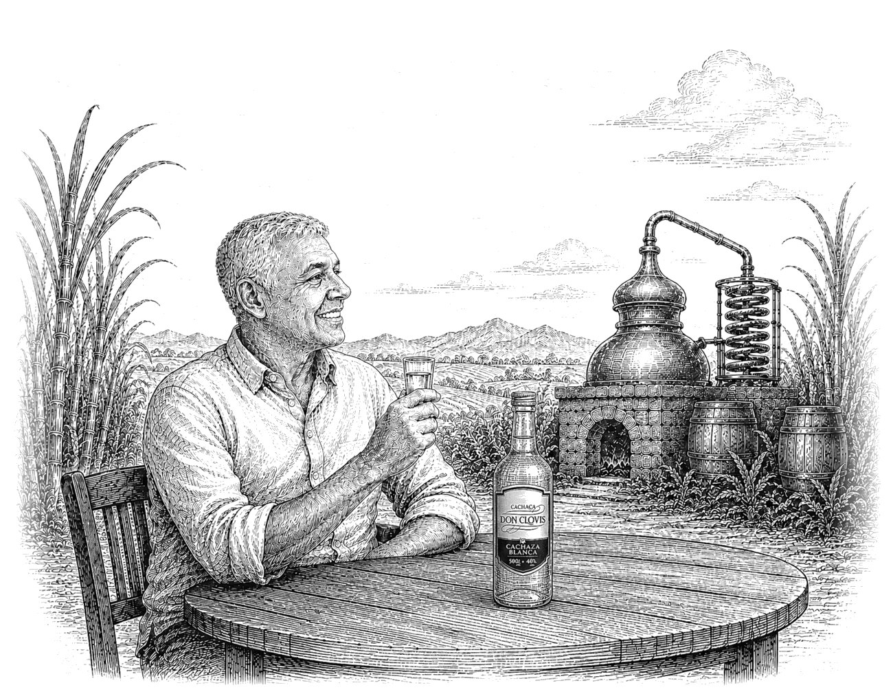 Don Clovis sentado a la mesa de barril, con la botella, el alambique de cobre y la caña detrás